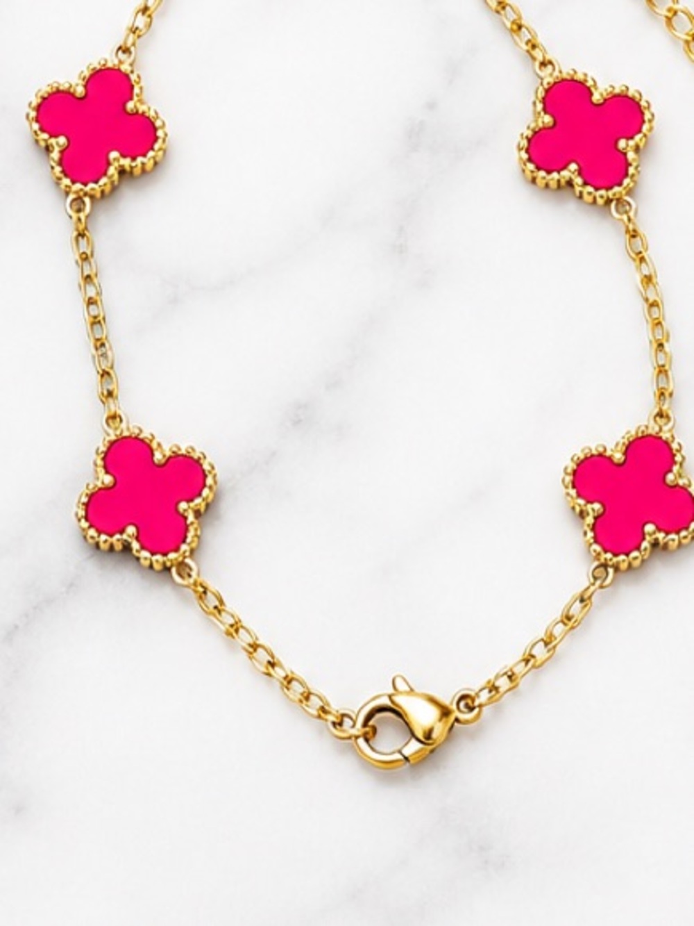 Gold Clover hot pink Enamel Bracelet - Van Cleef Style - Picture 3 of 6